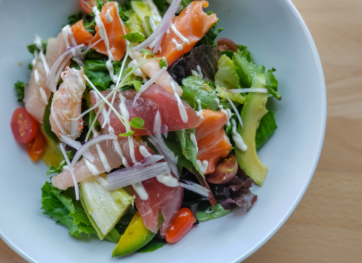 Sashimi salad with tuna, salmon, crab at Raku Ramen and Rolls in Santa Rosa. Heather Irwin/PD