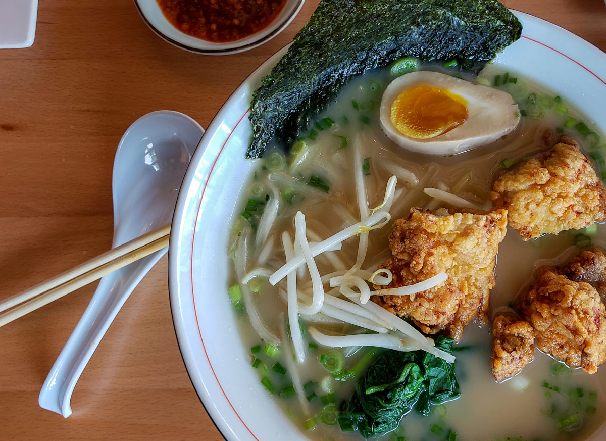 Tonkatsu ramen (a pork bone broth) with chicken karaage at Raku Ramen and Rolls in Santa Rosa. Heather Irwin/PD