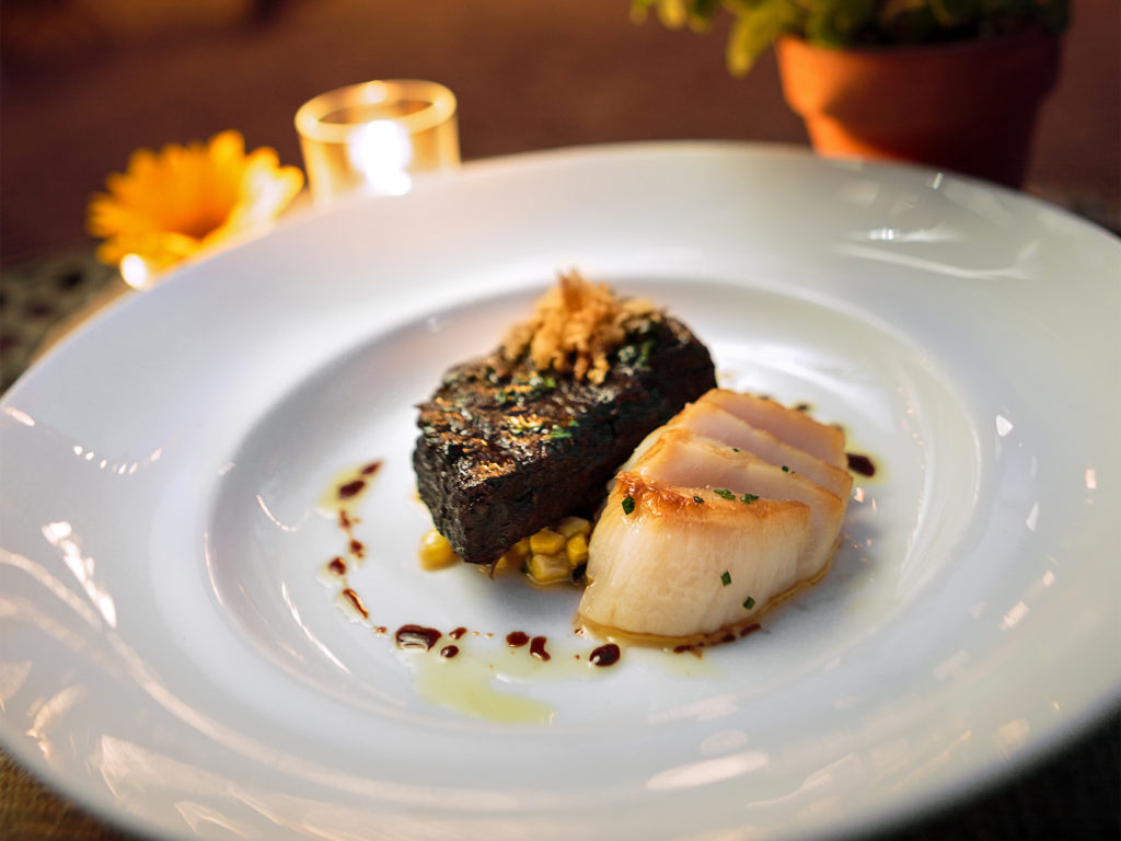 Pan roasted day-boat scallops and red wine glazed short rib with corn and chanterelle mushroom and crispy garlic strips Wedding at Barndiva