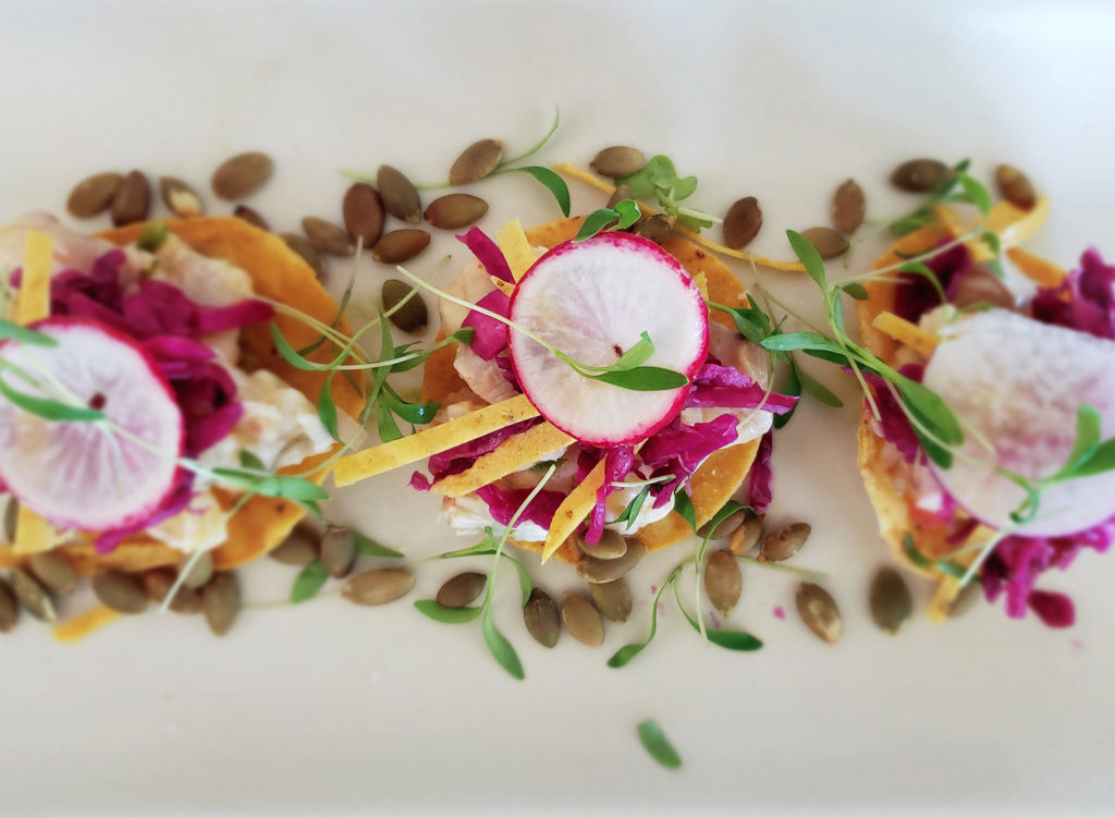 Ceviche tostadas with pickled cabbage, pumpkin seeds, radish and Bolinas rock cod at William Tell House in Tomales, Claifornia. Heather Irwin/PD