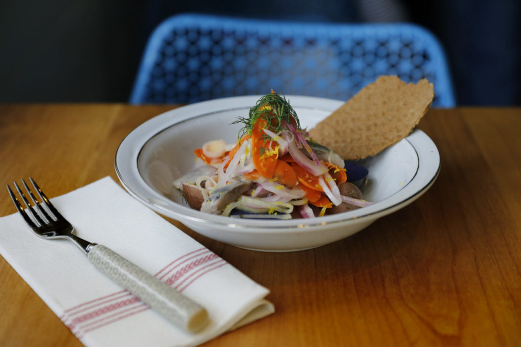 Matjes herring served with baby potatoes and pickled onions and carrots at Stockhome Restaurant on Wednesday, September 12, 2018 in Petaluma, California . (BETH SCHLANKER/The Press Democrat)