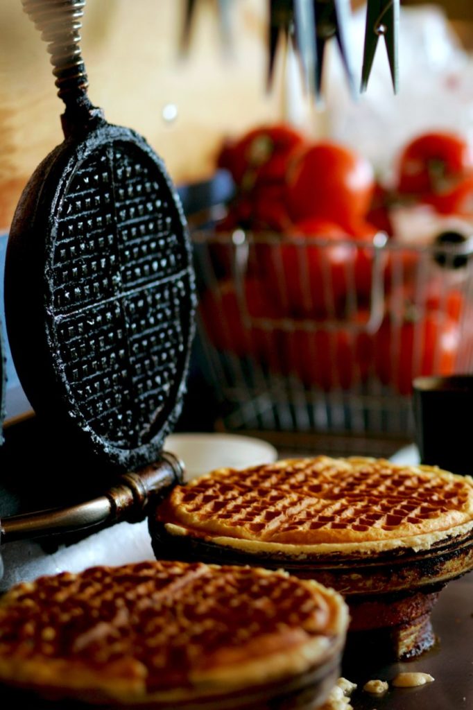 Two toasted pecan waffle finish cooking at the Water Street Bistro in Petaluma. Shot on Thursday, December 28, 2006 for Spring Savor magazine. ( Press Democrat / Charlie Gesell )
