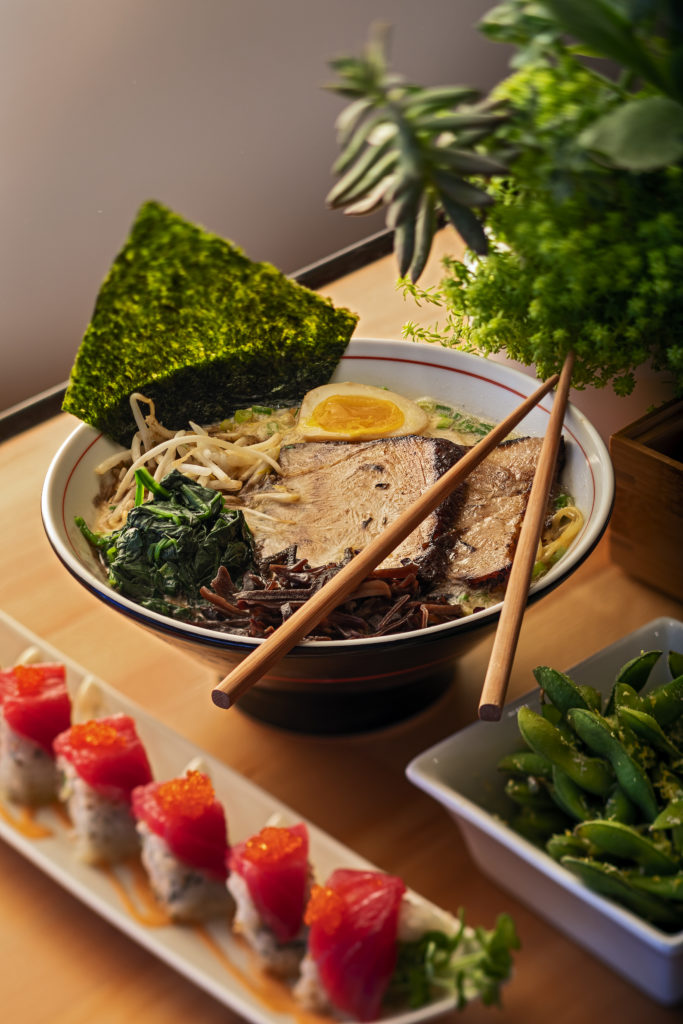 Fancy Fast Food Raku Ramen & Rolls Tonkatsu Ramen Raku Roll sushi and edamame