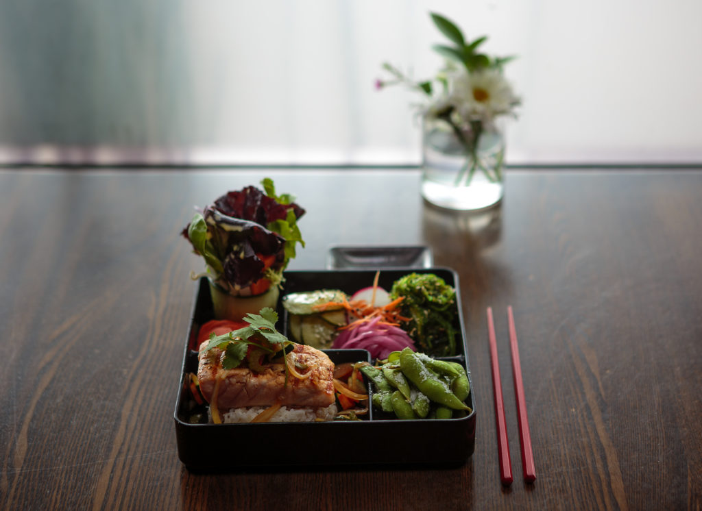 Salmon and edamame bento box from Shiso in Sonoma Food shots for Cheap Eats section