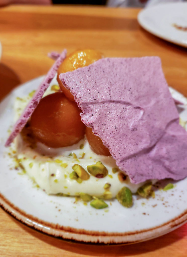 Gulab jamun with white chocolate creme, ginger syrup, hibiscus meringue at Bollywood Bar & Clay Oven. HI/PD