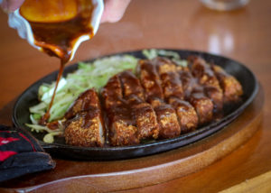 Miso katsu, pank fried kurobuta pork with owari style sauce at Sake 107 in Petaluma. (Heather Irwin/Sonoma Magazine)
