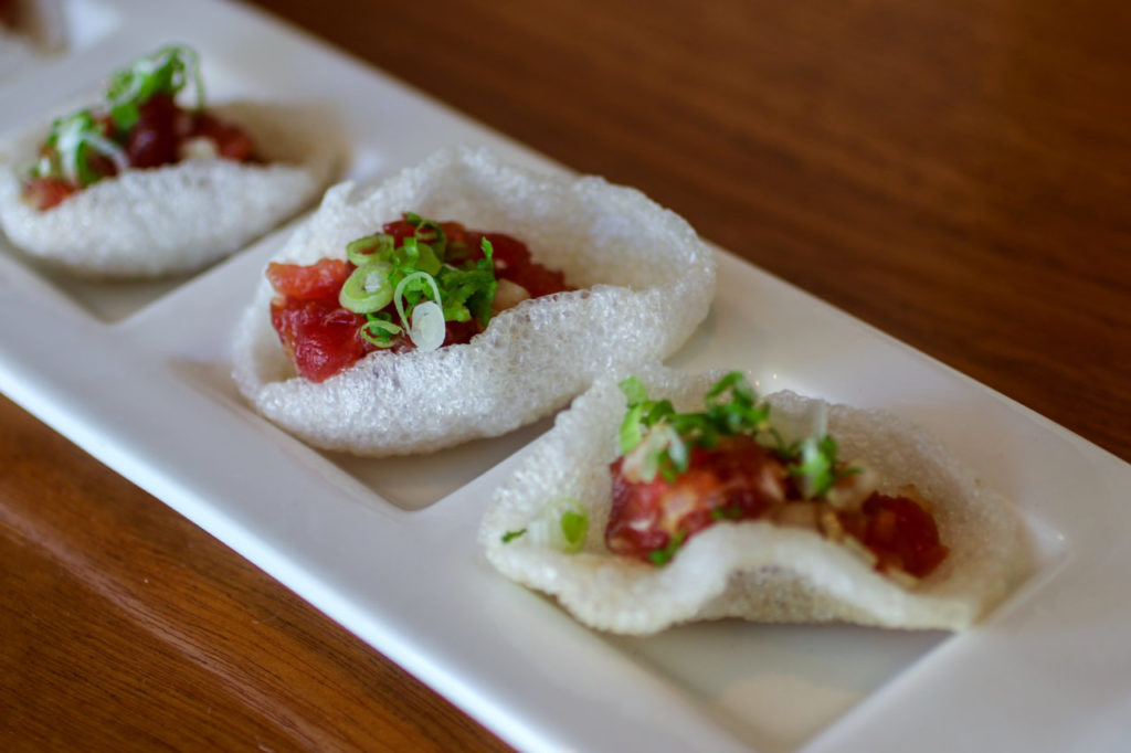 Tuna tartar on shrimp crackers at Sake 107 in Petaluma. Heather Irwin/PD