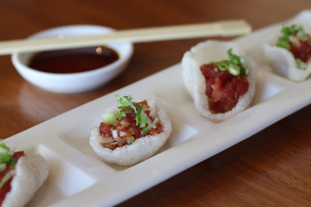 Tuna tartar on shrimp crackers at Sake 107 in Petaluma. (Heather Irwin / Sonoma Magazine)