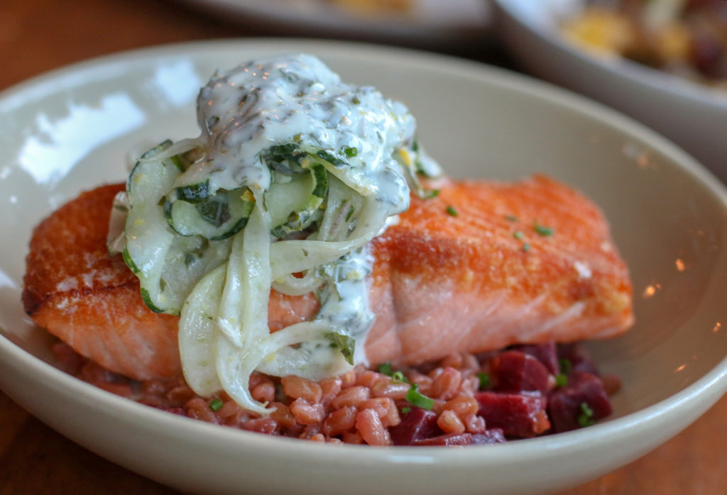 King salmon with 'Farrotto', beet, fennel, cucumber, herbed yogurt at Lowell's in Sebastopol. Heather Irwin/PD