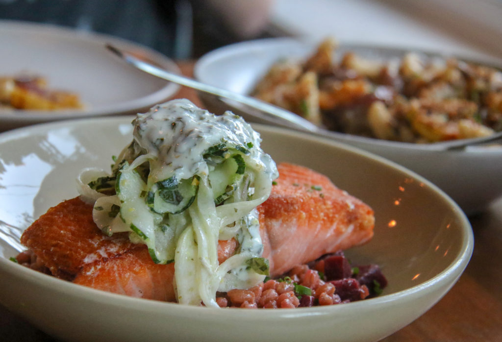 King salmon with 'Farrotto', beet, fennel, cucumber, herbed yogurt at Lowell's in Sebastopol. Heather Irwin/PD