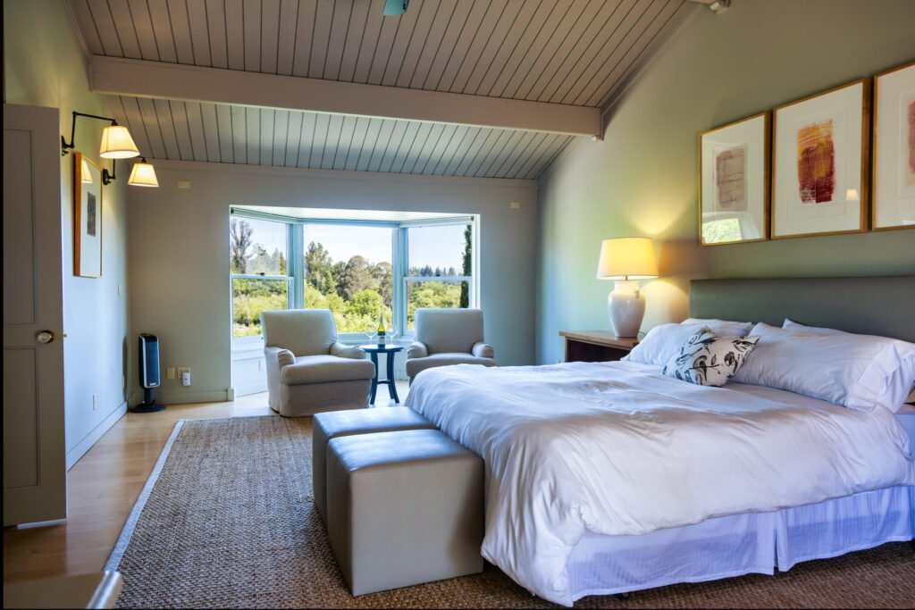 A bedroom in the Bliss House at Lynmar Estate in Sebastopol. (Karen Schmautz / Lynmar Estate)