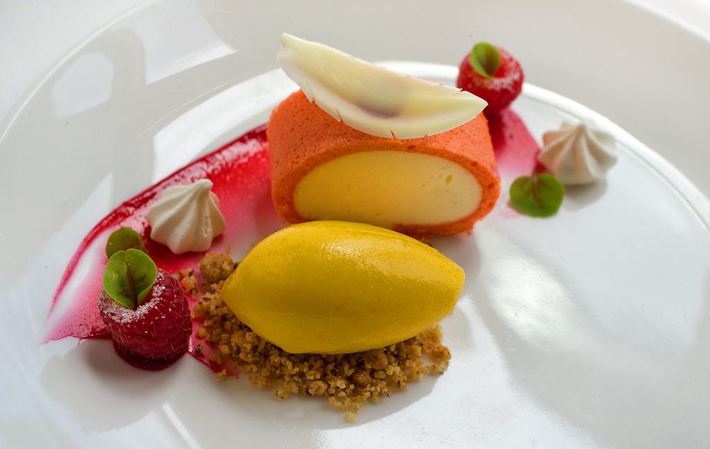 Vanilla Passion Roulade with raspberry gel, almond streusel, calamansi sorbet and chocolate feather from Madrona Manor in Healdsburg. (photo by John Burgess/The Press Democrat)