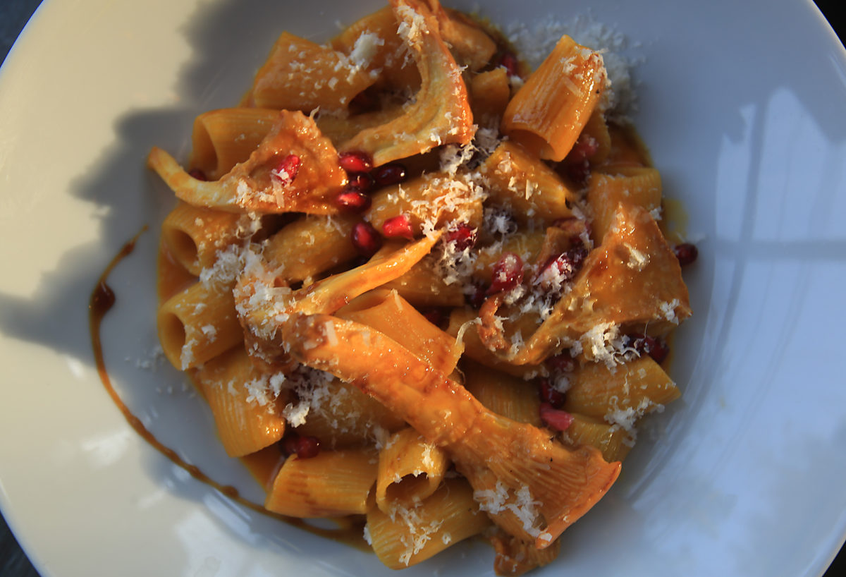 Chanterelle mushroom bow-tie pasta with pumpkin butter at the Glen Ellen Star. (Kent Porter/The Press Democrat) 
