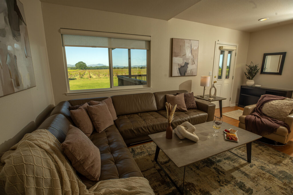 The living room at the Chardonnay Cottage at Benovia Winery in Santa Rosa. (Chad Surmick)