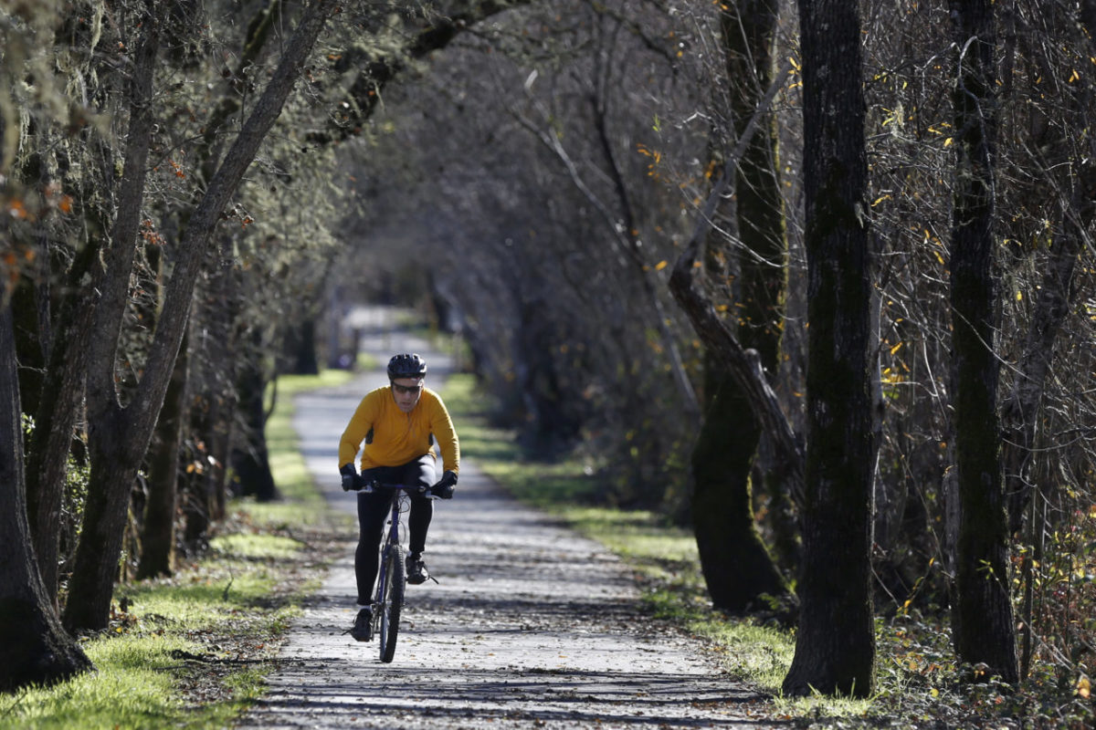 Jon Peterson bikes along the West Country Regional Trail on Monday, December 14, 2015 in Forestville, California . (BETH SCHLANKER/ The Press Democrat)