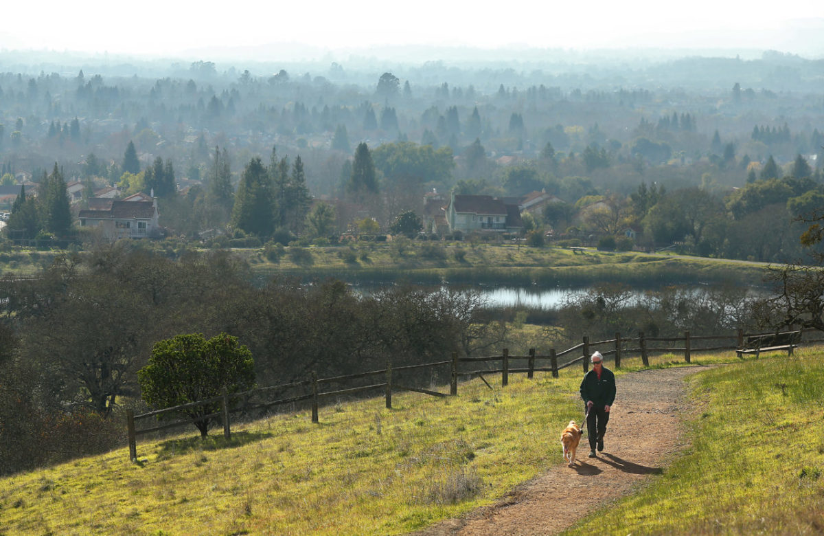 1/11/2015:B2:LESS THAN CLEAR: Bob Mulford walks his dog, Buckley, in the hills of Foothill Regional Park in Windsor on Monday as haze lingers in the mid-afternoon air.The Bay Area Air Quality Management District has issued 10 consecutive Spare the Air days, including today, the 16th alert this winter. CHRISTOPHER CHUNG / The Press Democrat 1/7/2015:A5:Chris Monson of Petaluma rides down Sonoma Mountain Road on Tuesday into a hazy valley. Another Spare the Air Day has been called for today. Last year, the Bay Area Air Quality Management District called an unprecedented 30 alerts during the winter. KENT PORTER / The Press Democrat PC:Bob Mulford walks his dog, Buckley, in the hills of Foothill Park, in Windsor, as haze lingers in the mid-afternoon on Monday, January 5, 2015. (Christopher Chung/ The Press Democrat)