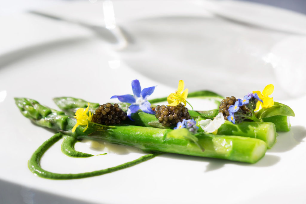 Chef Steve Litke prepared this dash of poached asparagus with lemon mousseline and osetra caviar. Farmhouse is now ranked by Travel and Leisure Magazine as the fourth best inn in America, and is number 28 on its WorldÕs Best Hotels list. Shot on Friday, February 20, 2015 at Farmhouse Inn in Forestville, Calif. (Photo by Charlie Gesell for the Sonoma magazine)