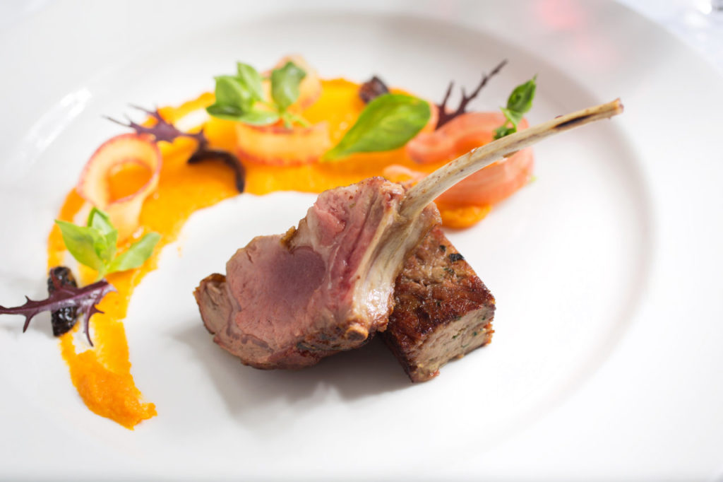 This Sonoma hills ranch goat prepared by Chef Steve Litke, includes roasted loin, mustard crusted braised shoulder sun choke carrot puree and salt cured olives. Farmhouse is now ranked by Travel and Leisure Magazine as the fourth best inn in America, and is number 28 on its WorldÕs Best Hotels list. Shot on Friday, February 20, 2015 at Farmhouse Inn in Forestville, Calif. (Photo by Charlie Gesell for the Sonoma magazine)