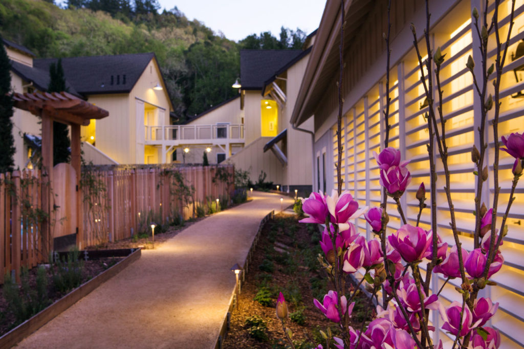 The Farmhouse Inn's new spa (right) sits across the path from the inn's outdoor pool. Farmhouse is now ranked by Travel and Leisure Magazine as the fourth best inn in America, and is number 28 on its WorldÕs Best Hotels list. Shot on Friday, February 20, 2015 at Farmhouse Inn in Forestville, Calif. (Photo by Charlie Gesell for the Sonoma magazine)