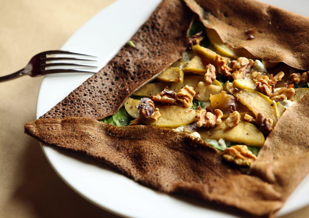 5/19/2013: D4: PC: The buckwheat crepe with spinach, apples, walnuts, spinach and goat cheese by chef Brian Anderson of Bistro 29 in Santa Rosa. (John Burgess/The Press Democrat)