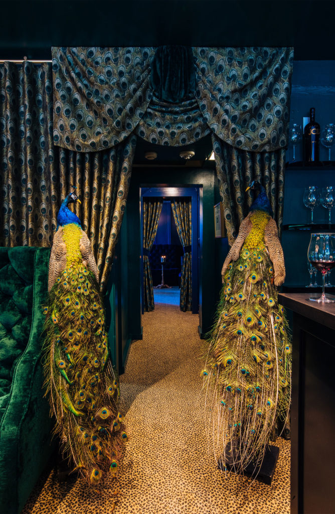 I'm stuffed: Twin peacocks, peacock wallpaper and curtains adorn the JCB Tasting Room in Healdsburg. Photo: Alex Rubin