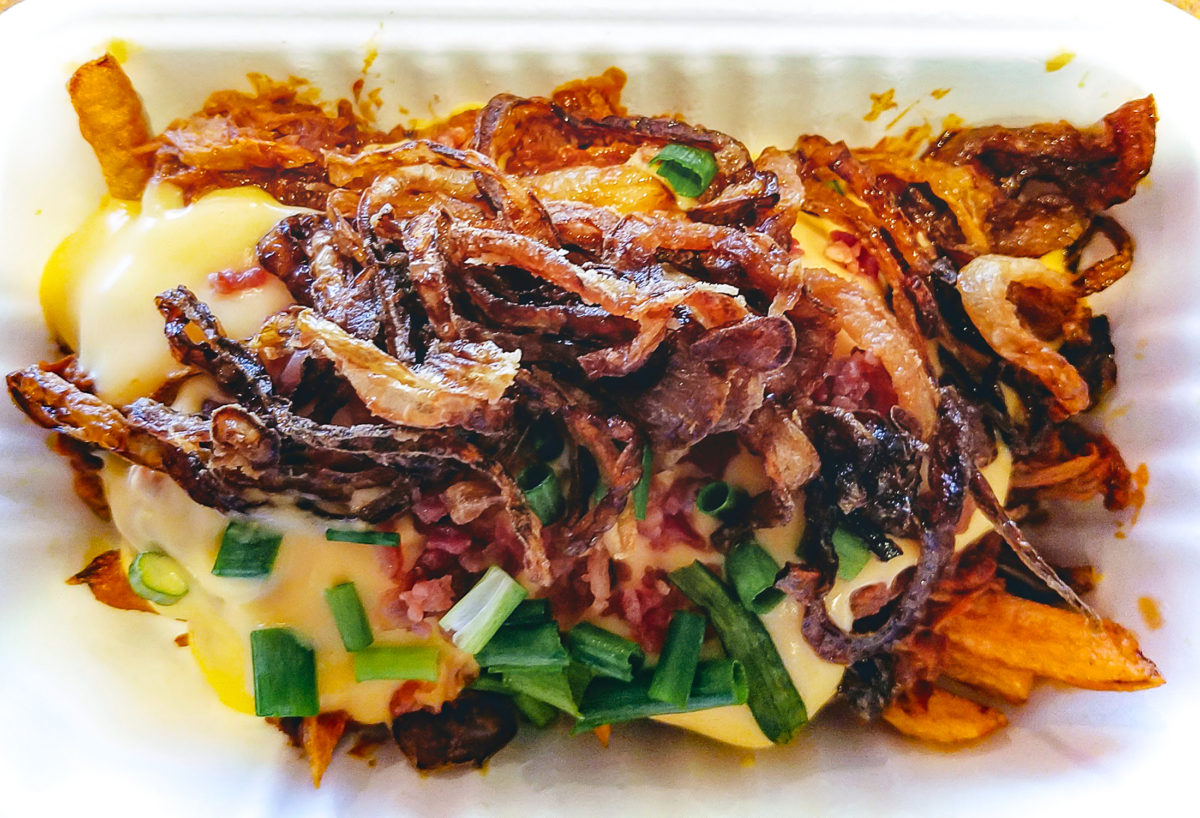 Rohnert Pork with fries, bacon, green onion, cheese and pulled pork at Smokin’ Bowls in Rohnert Park. (Heather Irwin)