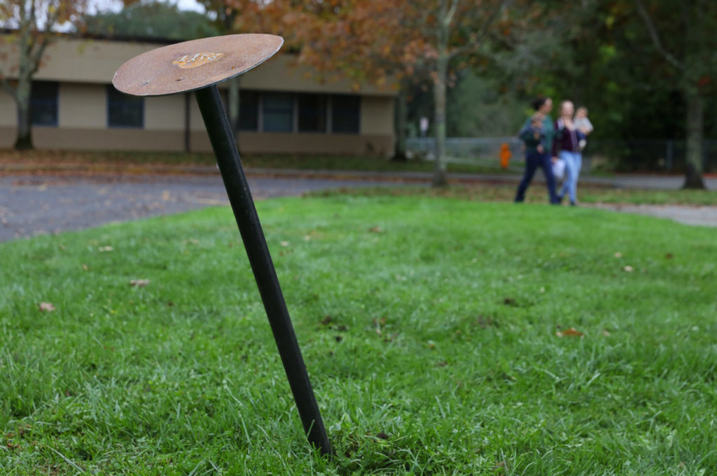 Someone has placed a large nail with the word "bait" inscribed on it, at the location of the missing Hammer, by Doug Unkrey, at the Healdsburg Community Center, in Healdsburg on Monday, October 22, 2018. (Christopher Chung/ The Press Democrat)