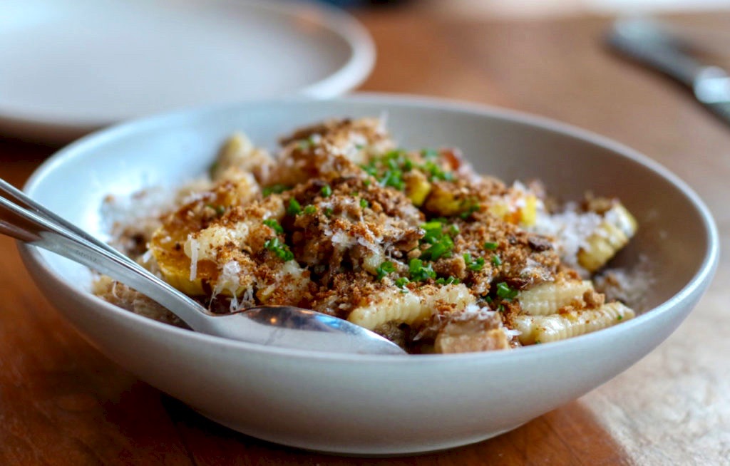 Cavatelli with Duck confit, delicata squash, roasted onion, taleggio, breadcrumb, parmigiano at Lowell's in Sebastopol. Heather Irwin/PD