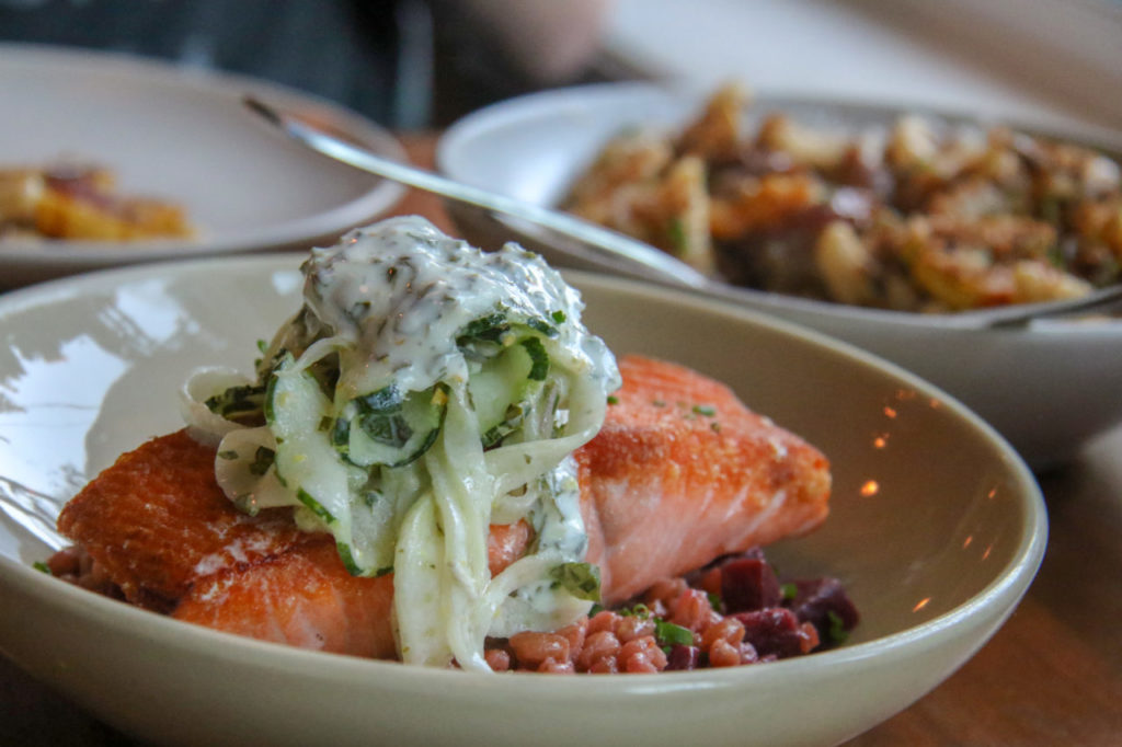 King salmon with 'Farrotto', beet, fennel, cucumber, herbed yogurt at Lowell's in Sebastopol. Heather Irwin/PD
