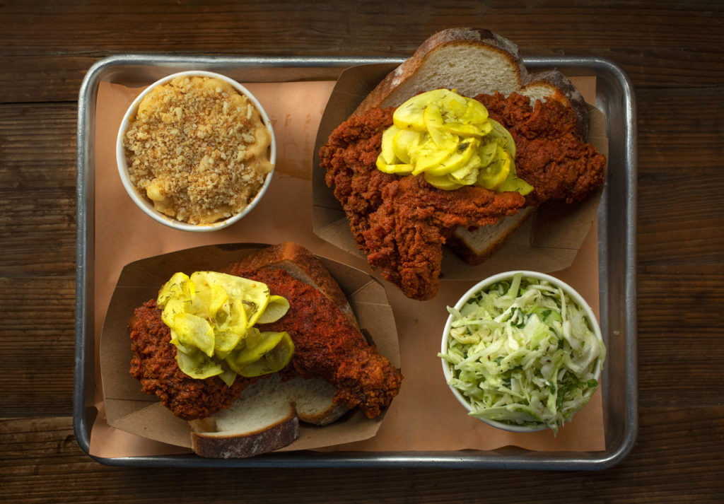 Nashville Hot Chicken with pickles, white bread, mac ÕnÕ cheese and coleslaw from Boxcar Fried Chicken & Biscuits in on Hwy 12 near Sonoma. (photo by John Burgess/The Press Democrat)