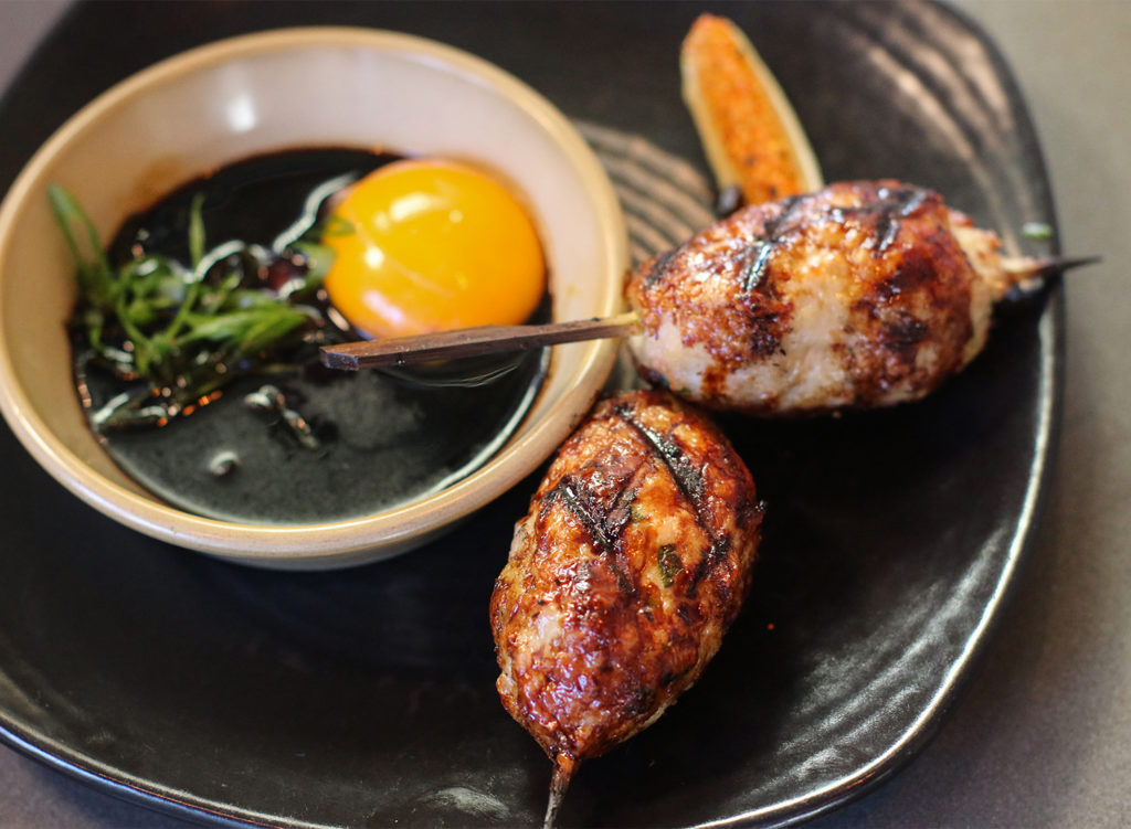 Chicken meatball charcoal-grilled skewers at Sushi Kosho in Sebastopol. (Heather Irwin / The Press Democrat)