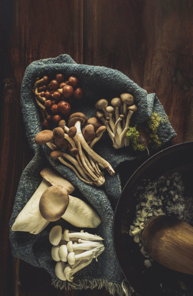 From Bottom, Alba Clamshell, Trumpet Royale, Velvet Pioppini, Brown Clamshell and Forest Nameko mushrooms from Gourmet Mushrooms in Sebastopol. (photo by John Burgess/The Press Democrat)