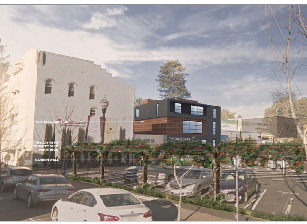 A rendering of the parking lot and rear of the Matheson building