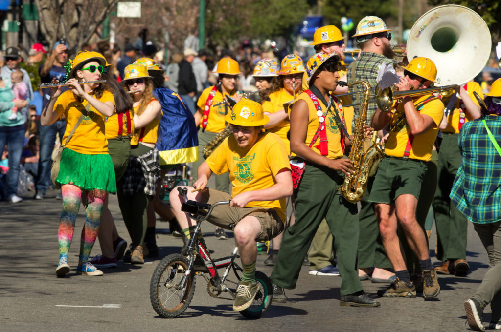 The Humboldt State Marching Lumberjacks create their usual havoc on the parade route at the Cloverdale Citrus Fair and Parade on Saturday, February 17, 2018. (photo by John Burgess/The Press Democrat)