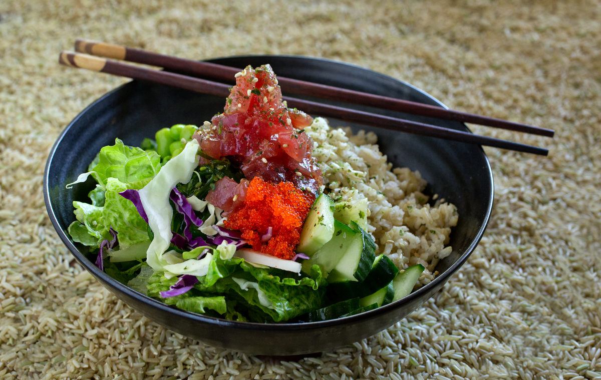 Poke Bowl with ahi tuna, brown rice, romaine, roasted sweet potatoes, cucumber, seaweed salad, edamame, sesame seeds and soy ginger dressing from Matt Spector, chef and owner of Zoftig Eatery in Santa Rosa. (John Burgess/The Press Democrat)