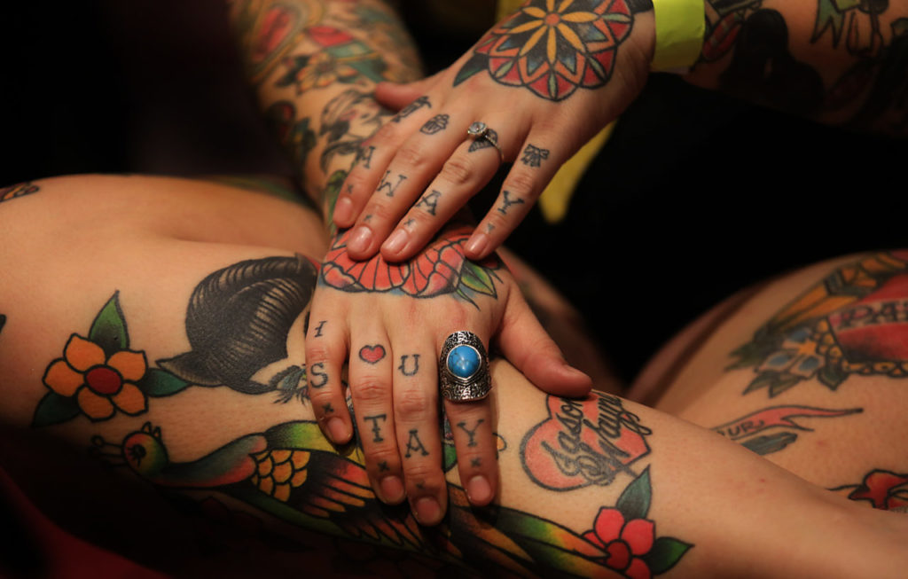 Jessie Jean of Santa Cruz shows off a whole lot of tattoos during the Tattoos and Blues at the Flamingo Hotel in Santa Rosa, Friday Feb. 26, 2016. (Kent Porter / Press Democrat) 2016