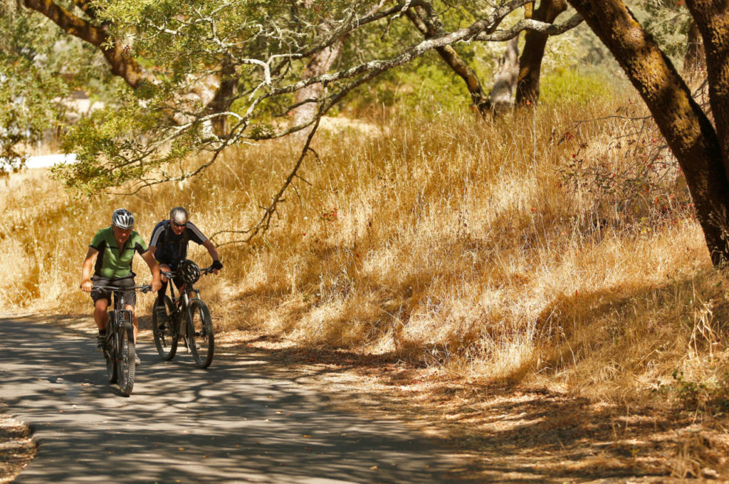 Sonoma locals Michael Cullen, left, and Scot Hunter pedal uphill on Orchard Road in the wilderness area behind Sonoma Developmental Center, in Eldridge, California on Saturday, July 23, 2016. (Alvin Jornada / The Press Democrat)
