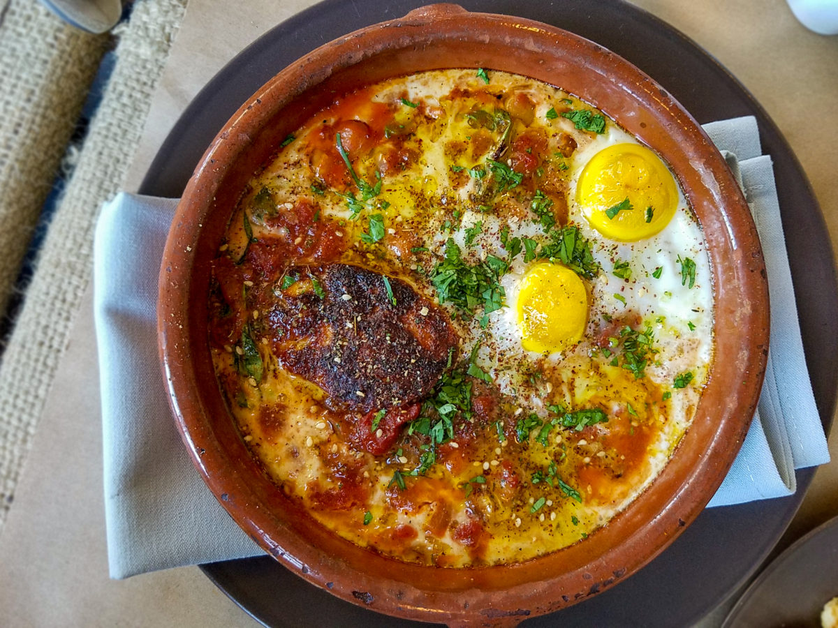 Shakshuka with chickpea, fava and tomato stew at Pearl restaurant in Petaluma. (Heather Irwin)
