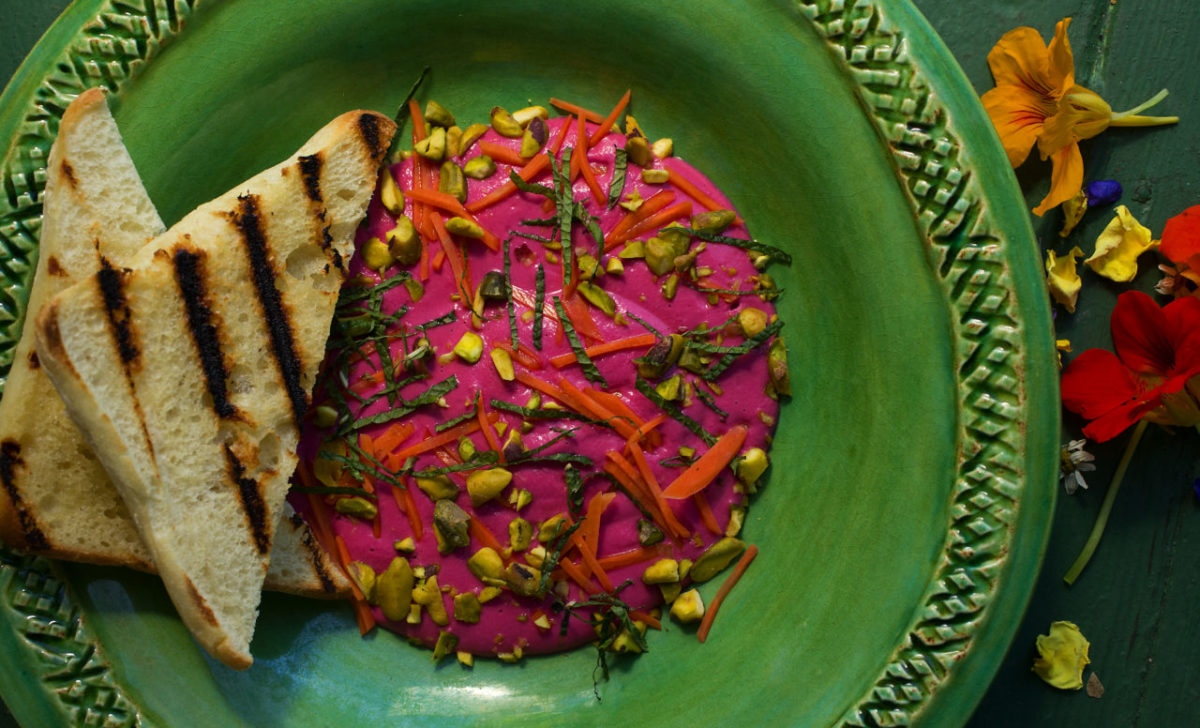 Beet and Butter Bean Hummus garnished with pickled carrot, toasted pistachios and mint, served with grilled ciabatta from chef Barney McGrath's Meatless Monday meals at Muir's Tea Room. (John Burgess/The Press Democrat)