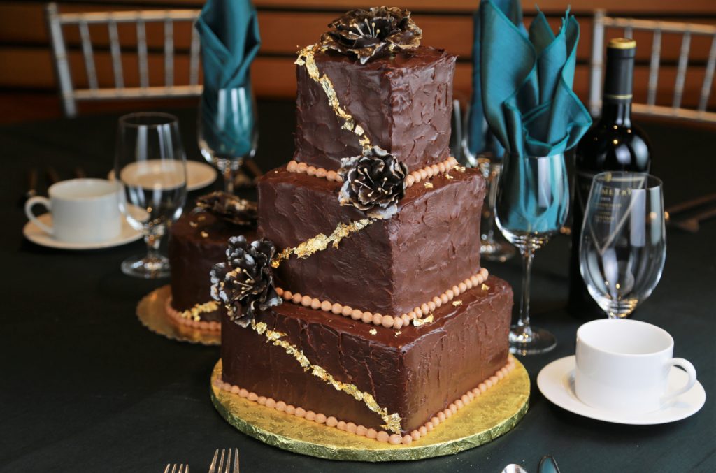 Michele's Corner Cakes entry was this chocolate cake adorned in gold leaf. The Annual Art of Dessert Gala, an event to generate funding for programs that educate thousands of local students each year, was held at the Luther Burbank Center for the Arts Saturday April 7th, 2018. (Photos Will Bucquoy/For the Press Democrat)