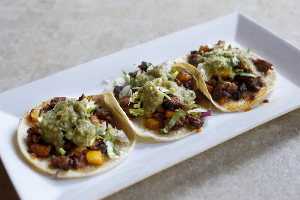 Tres Mini Tacos Al Pastor at La Rosa Tequileria & Grille in Santa Rosa, on Tuesday, Aug. 11, 2015. (Beth Schlanker/ The Press Democrat)