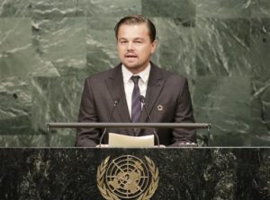 Actor Leonardo Di Caprio, a United Nations Messenger of Peace, speaks at the signing ceremony for the Paris Agreement on climate change, Friday, April 22, 2016 at U.N. headquarters. (AP Photo/Mark Lennihan)