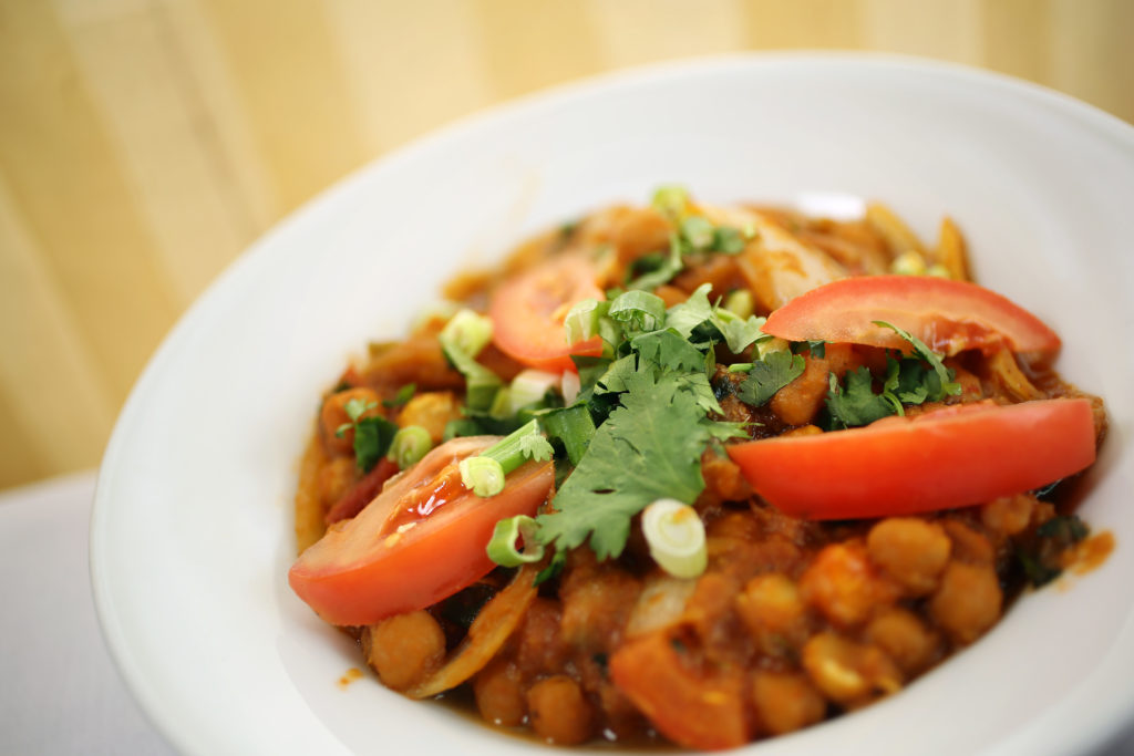 A vegetarian dish of Channa Masala with garbanzo beans with house spices in a tamarind sauce is served at Pamposh Restaurant in Santa Rosa on Tuesday, July 16, 2013. (Photo by Conner Jay)