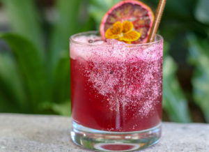 Euphoria non-alcoholic cocktail with Seedlip Grove, goji and schisandra berry, Euoporia Elixir, lime, preicly pear-hibiscu puree, jasmine water at Ferbar in Sebastopol. Heather Irwin/PD