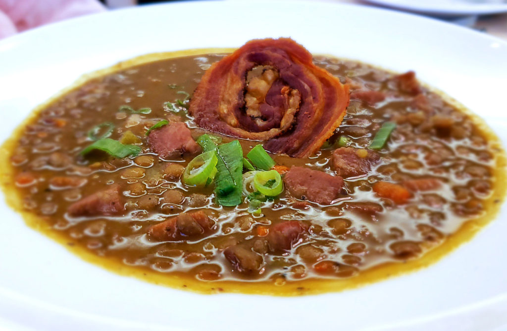 Lentil soup with bacon, smoked ham and pancetta at the SRJC Culinary Cafe in Santa Rosa. Heather Irwin/PD