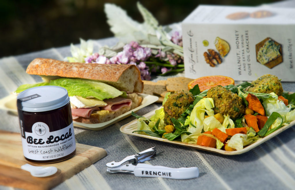 Moroccan salad with turkey-quinoa meatballs, chickpeas, sweet potatoes, butter lettuce and spinach with a Model Bakery baguette with ham, brie, butter and dijon from chefs Sarah Pinkin and Liz Payne at Frenchie Picnics and Provisions just off the Sonoma Square on Broadway. (photo by John Burgess/The Press Democrat)
