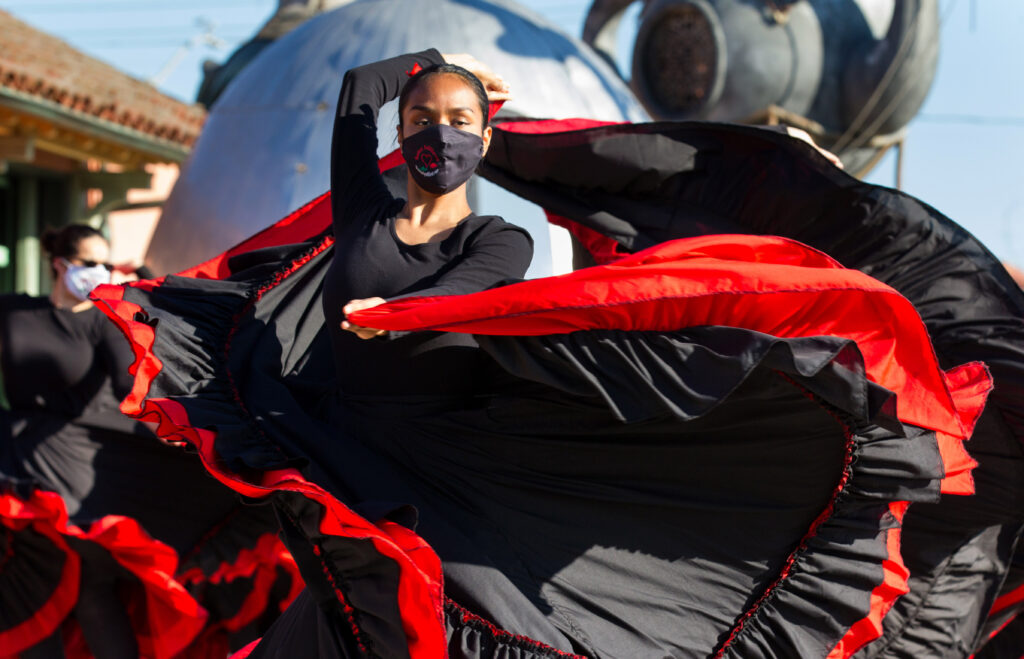 Luna Herrera, 16, of Rohnert Park, dances with the group Ballet Folklorico Paquiyollotzin outside of the Petaluma Arts Center. (Darryl Bush/For The Press Democrat)