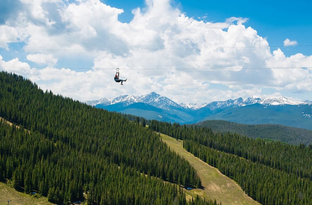 A group of friends enjoys the brand new Epic Discovery canopy tour at Vail.