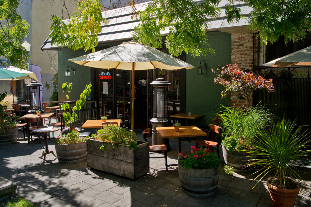 Front door and outside seating area at Speakeasy in Petaluma, Calif., on June 27, 2013. (Alvin Jornada / For The Press Democrat)
