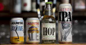 Lagunitas Brewing Co. products from left, DayTime, a 98 calorie low alcohol IPA, Super Cluster, a citra-hopped mega ale, Hop sparkling water and cans for their flagship IPA . (John Burgess/The Press Democrat)